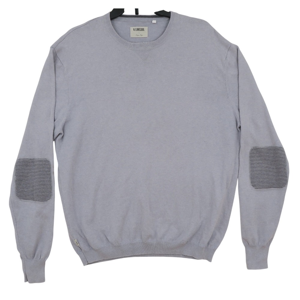 Linksoul Mens Cotton Cashmere Crew Neck Sweater Lavender Grey Elbow Patch L